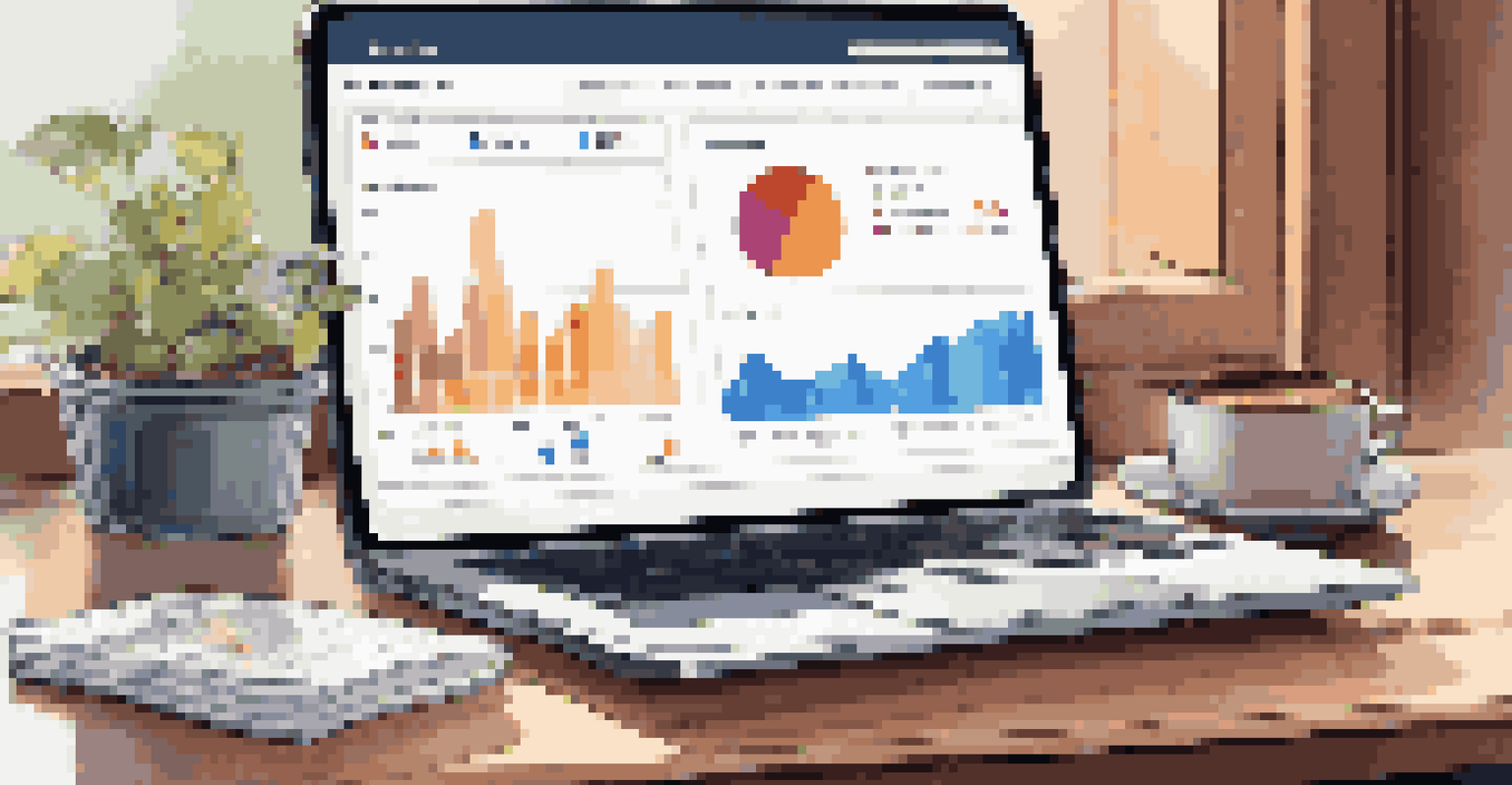 A laptop screen showing a social media analytics dashboard with vibrant graphs and statistics, in a modern workspace with warm lighting.