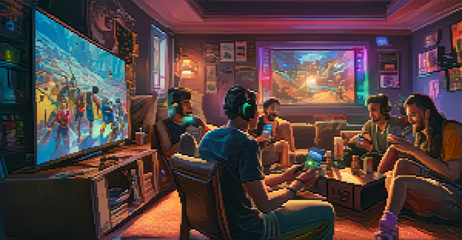 A group of gamers in a cozy room, engaged in a multiplayer game with colorful LED lights and snacks around.