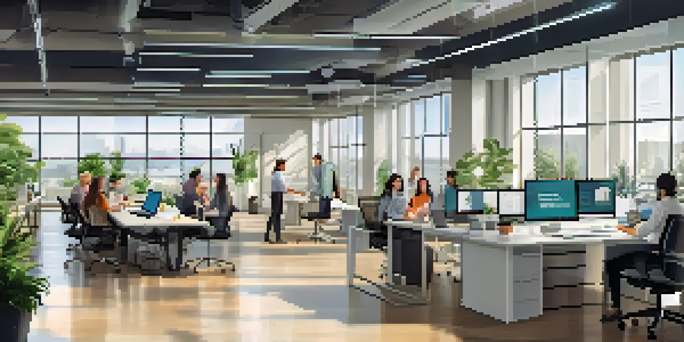 A bright modern office with a team collaborating on data validation. People are working on laptops and digital screens around a conference table, with plants and motivational posters in the background.