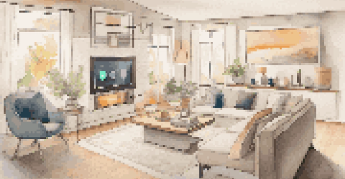 A modern living room showcasing various smart home devices in a cozy setting.