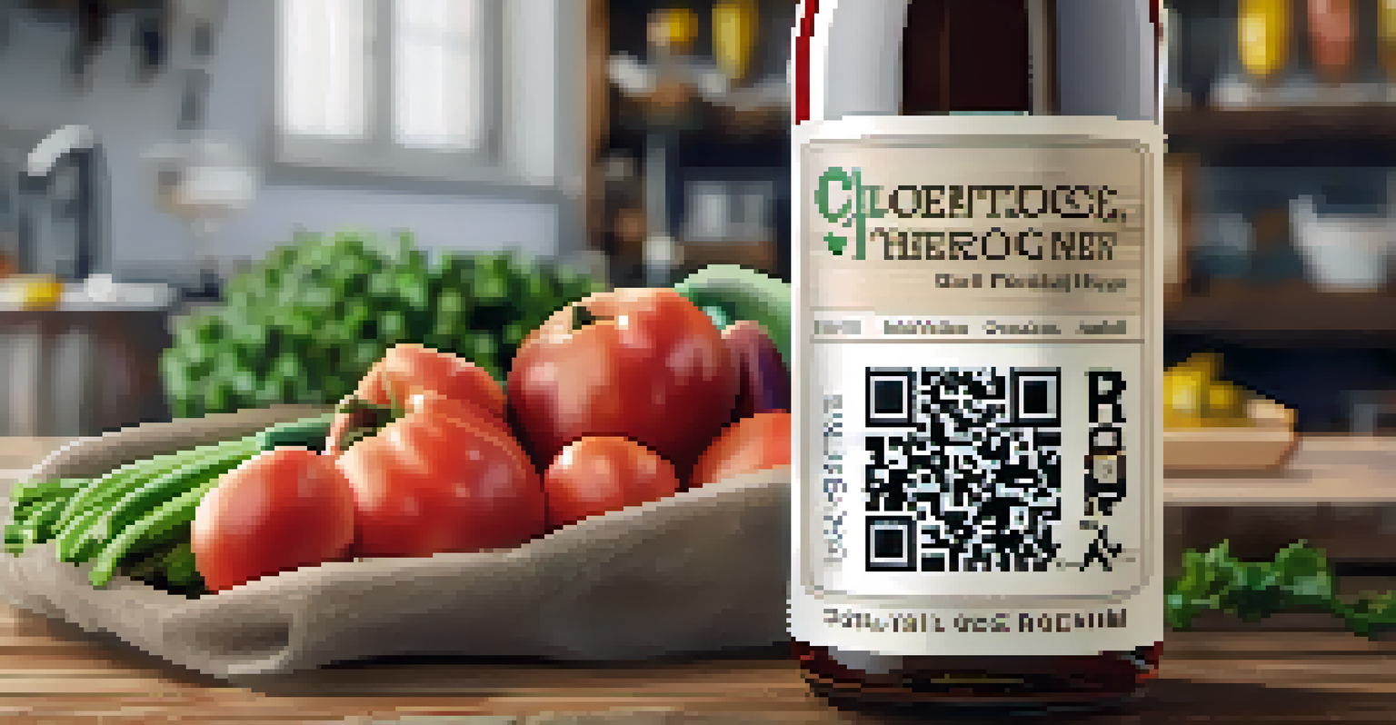 A close-up of a food product label with a QR code, set against a rustic background of fresh produce.