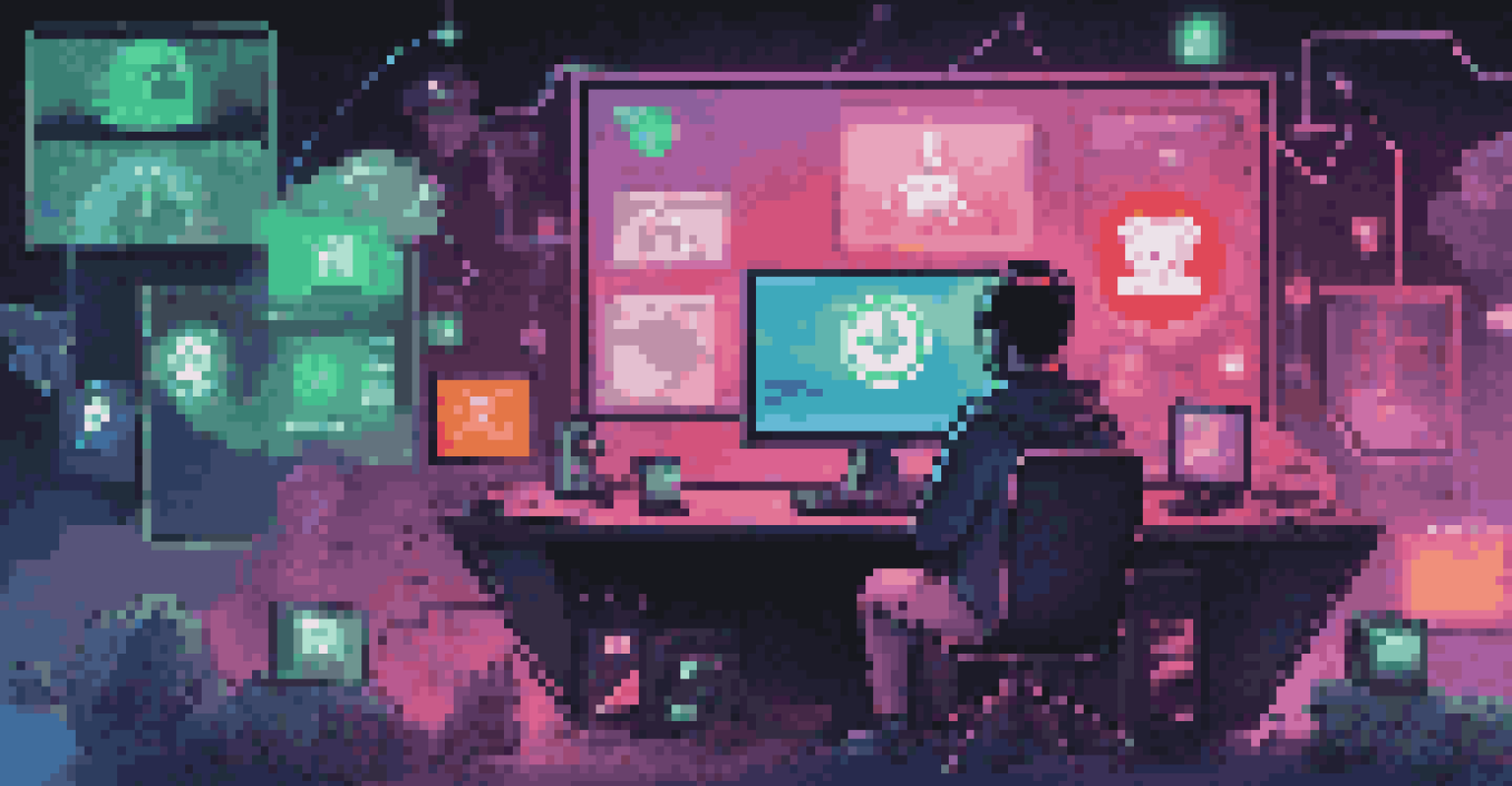 A person at a computer surrounded by security icons, illustrating the importance of online safety while browsing the dark web, with dark colors and neon highlights.