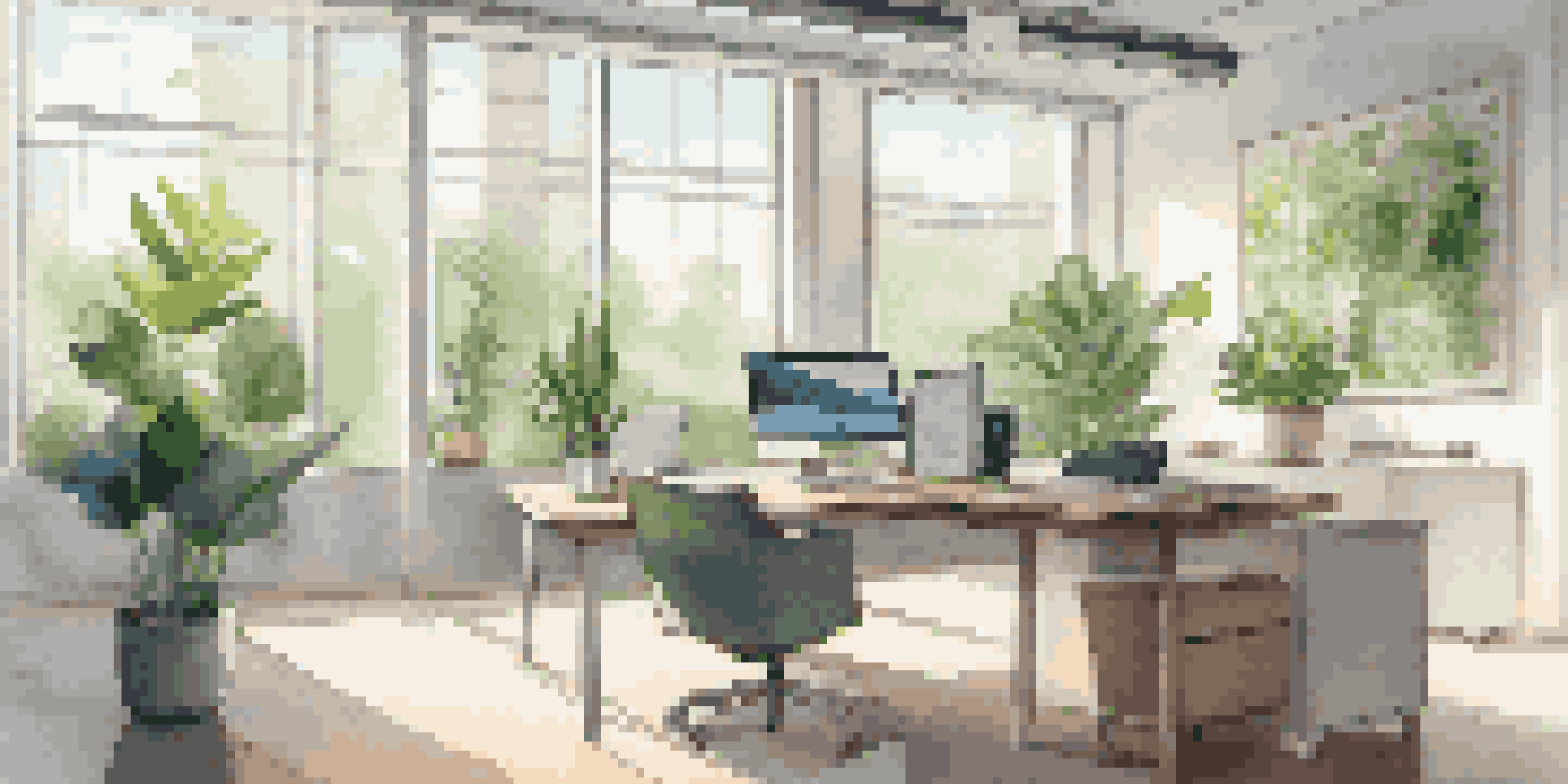 A bright office with a laptop showing a digital invoice, complemented by natural light and a plant.