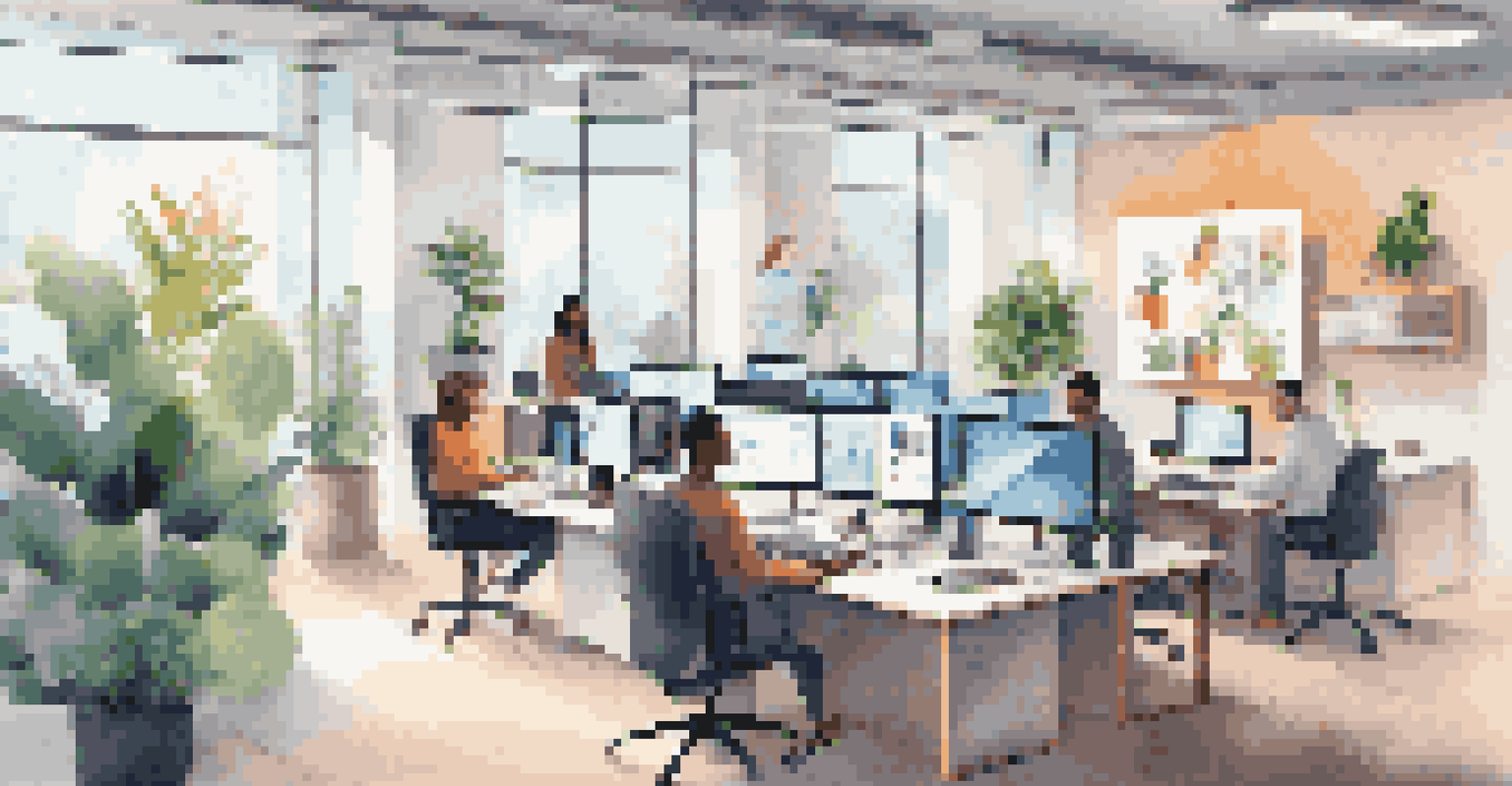 A modern office with employees collaborating via video calls and using laptops, showcasing the benefits of remote work with 5G technology.
