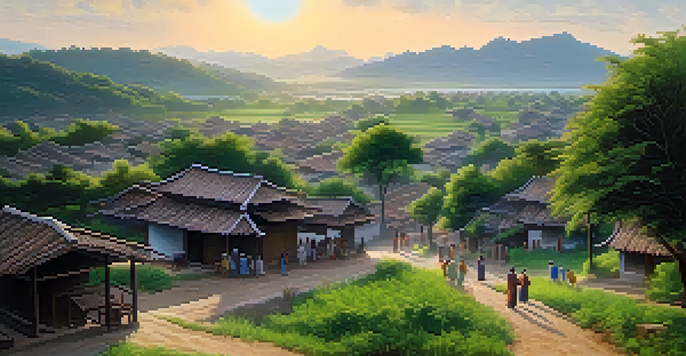 A peaceful Eastern village scene with people engaging in community activities amidst greenery and soft pastel skies at dawn.