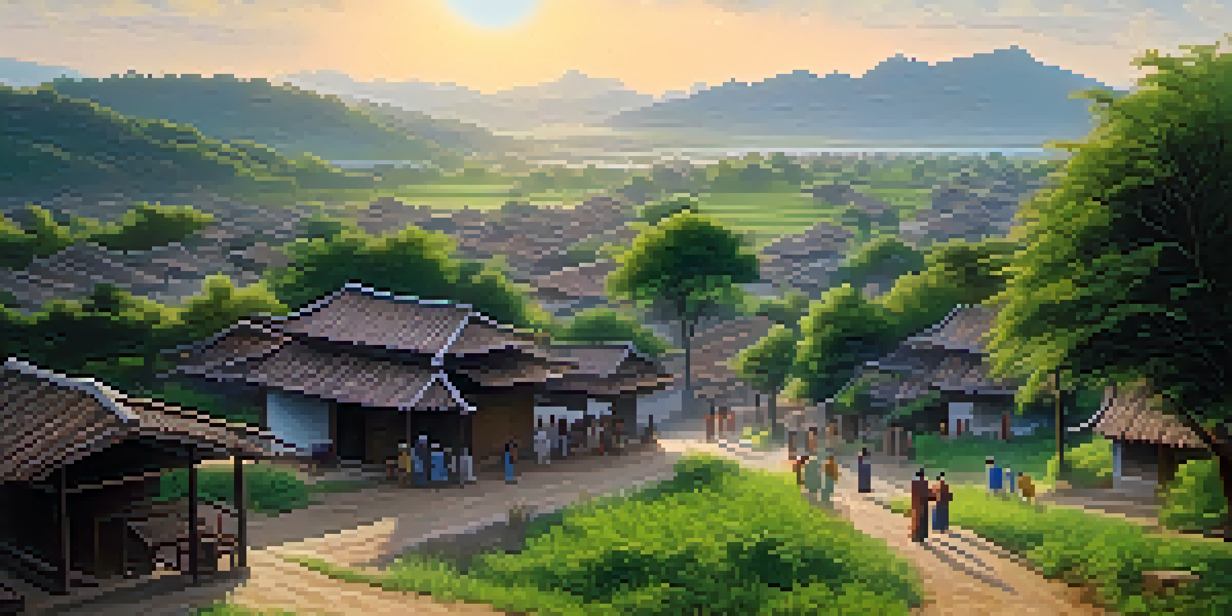 A peaceful Eastern village scene with people engaging in community activities amidst greenery and soft pastel skies at dawn.