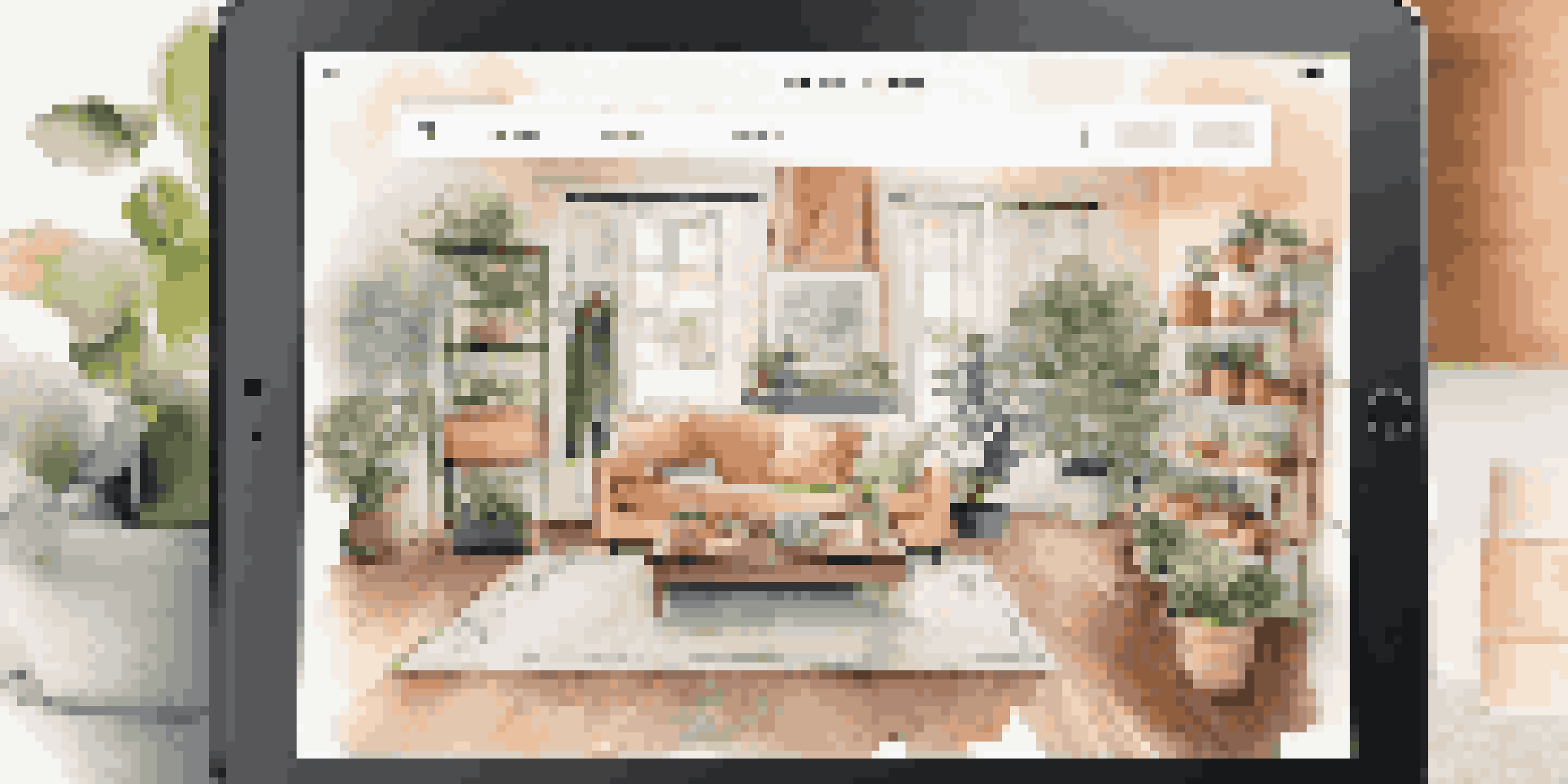 A tablet displaying a colorful e-commerce website with clear navigation and product images in a soft-lit home setting.