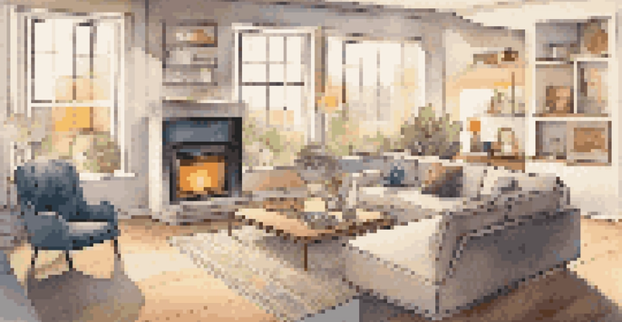 A bright modern living room filled with smart home devices and a cozy atmosphere.