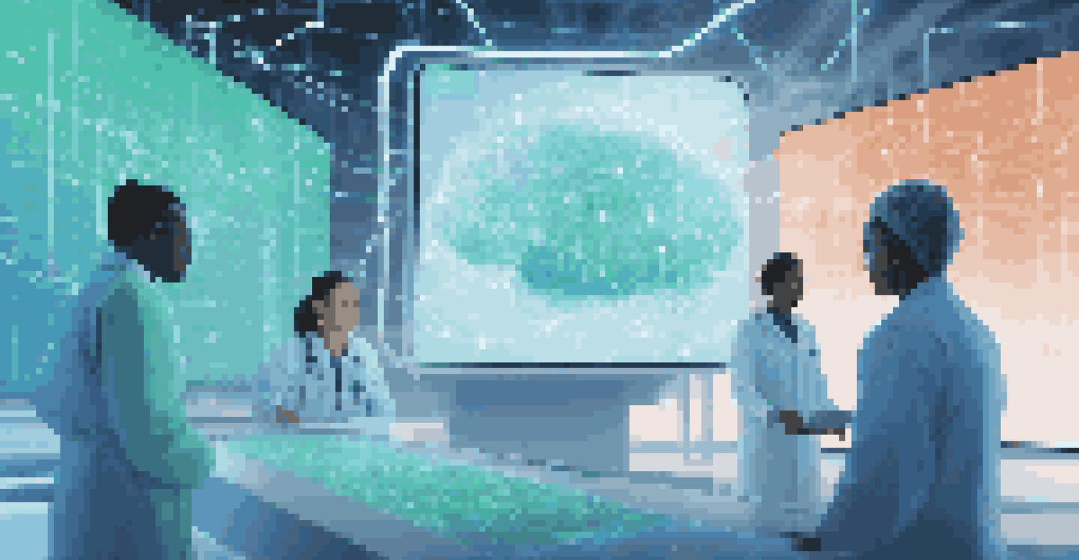 A digital cloud-based health information system showcasing a blockchain network and healthcare workers collaborating.