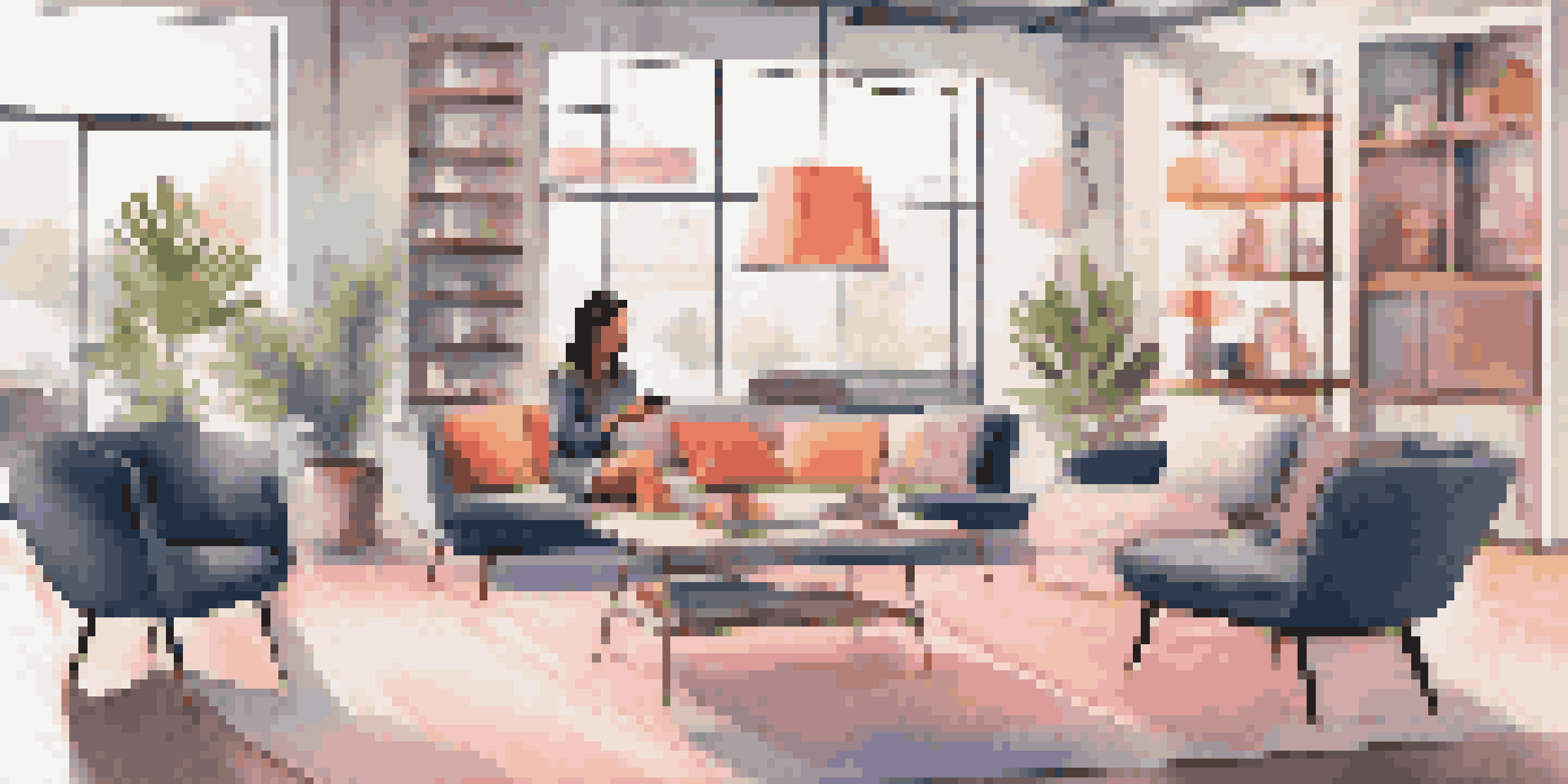 A millennial woman interacting with an augmented reality app in a furniture store, visualizing a sofa in her living room.
