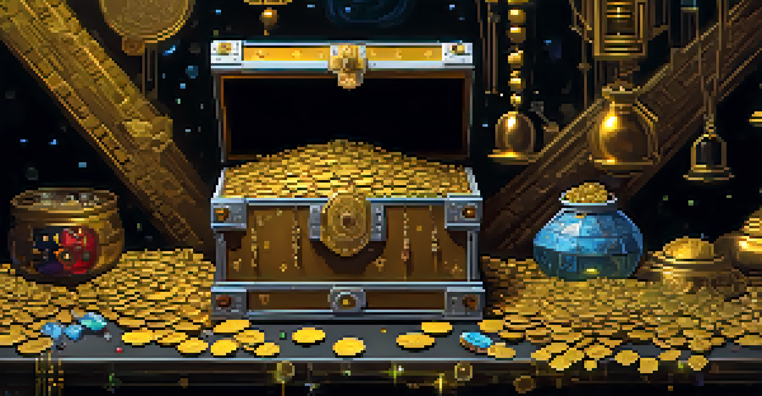 A treasure chest overflowing with coins and gems, surrounded by digital elements like charts and binary codes, representing data mining.