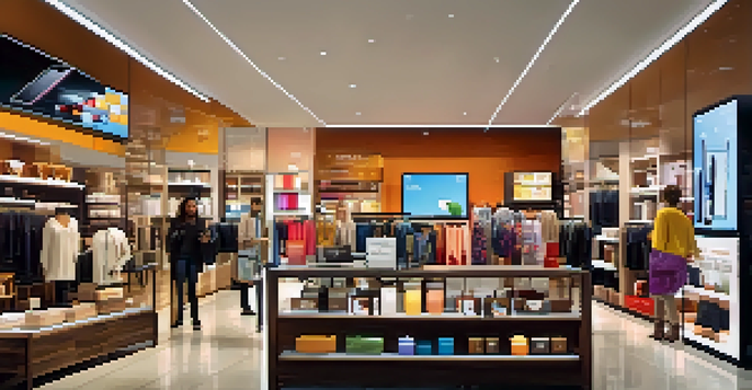 A retail store with shoppers using smartphones to view augmented reality product information and recommendations.