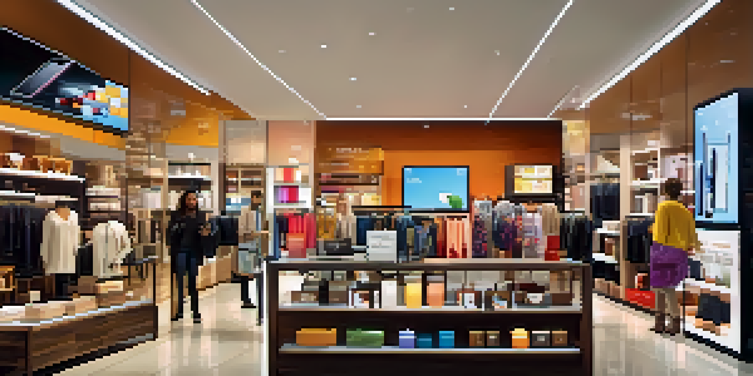 A retail store with shoppers using smartphones to view augmented reality product information and recommendations.