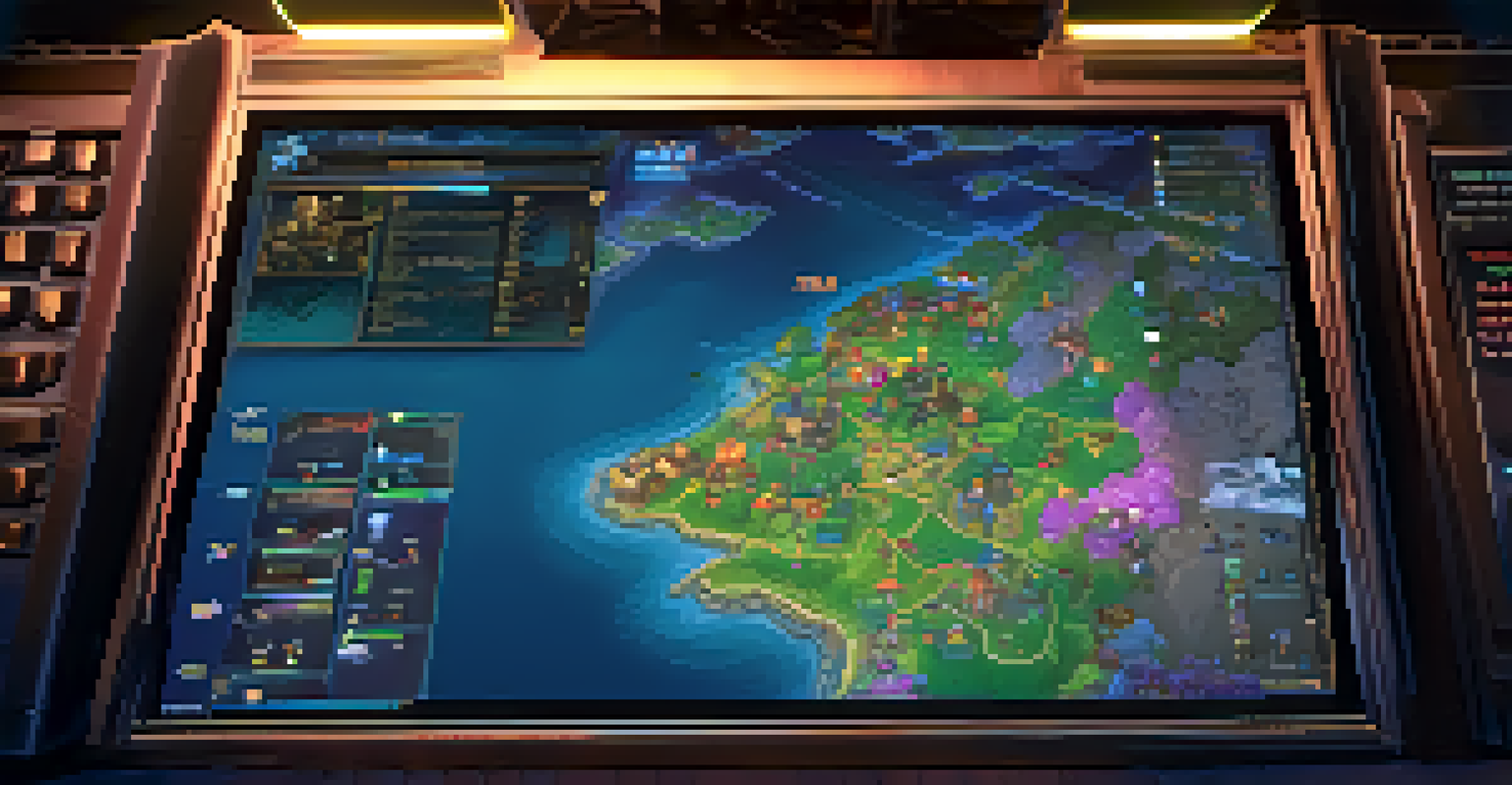 A close-up view of a computer screen showcasing a colorful RPG game interface, with character sprites and a map, illuminated in a dimly lit room.