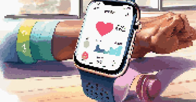 A close-up of a smartwatch displaying fitness metrics, surrounded by workout gear in a bright gym.