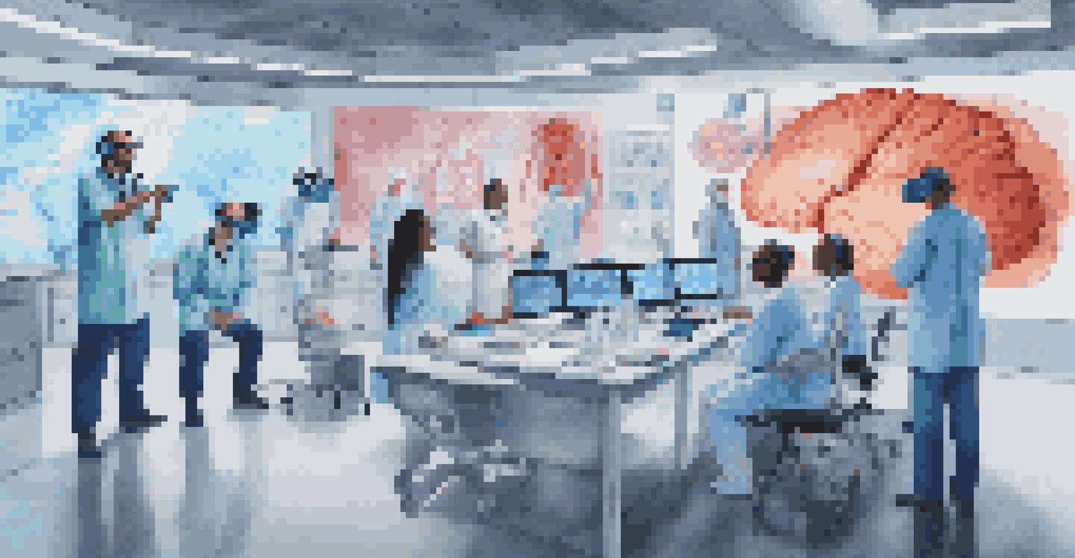 A team of healthcare professionals interacting with virtual reality technology during a medical training session.