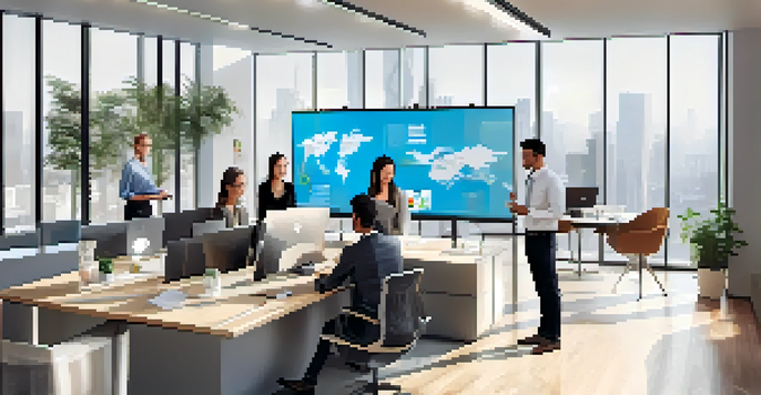 A diverse group of professionals in a bright office engaging in a virtual meeting with digital tools, showcasing teamwork and technology.