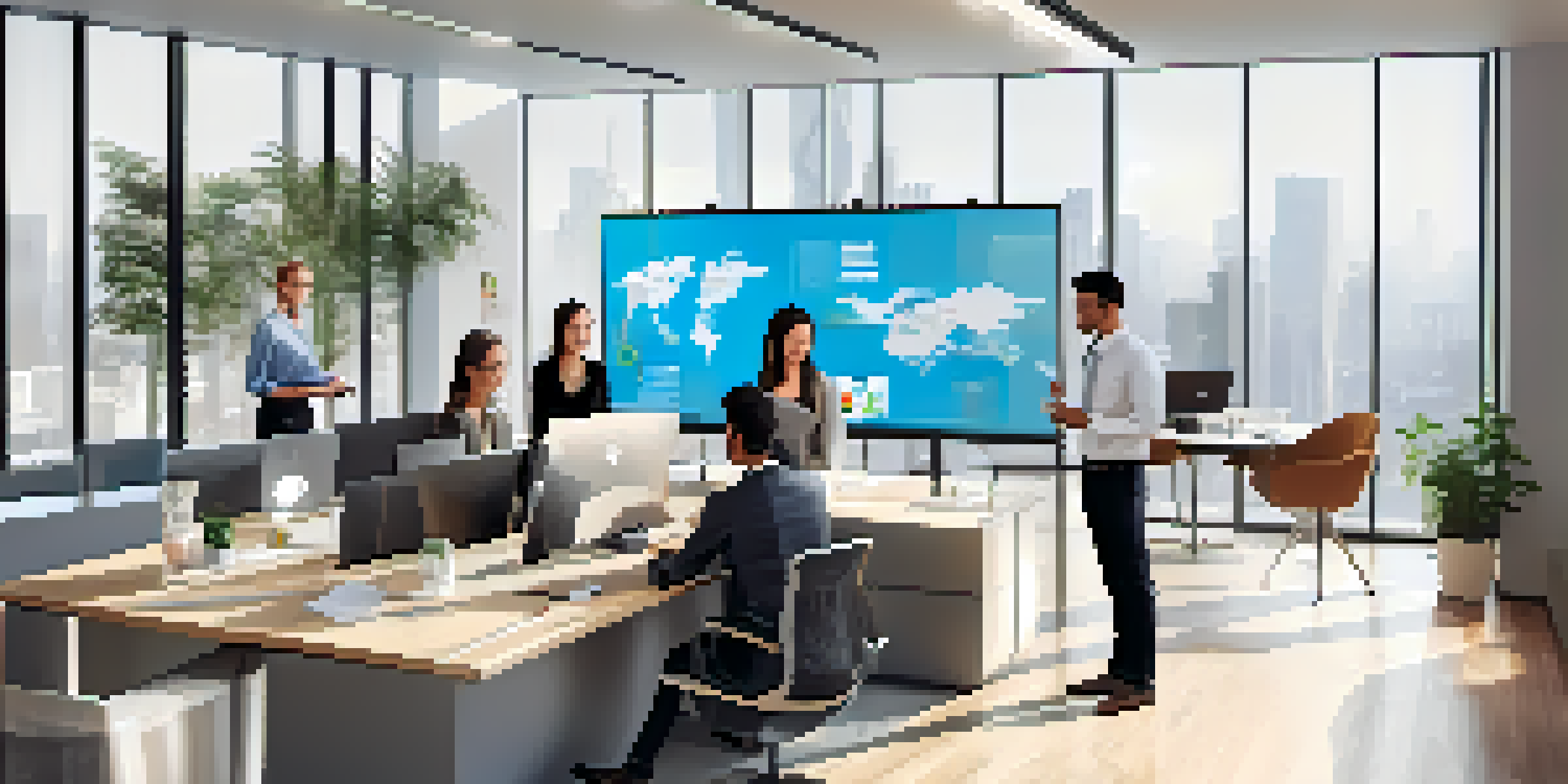 A diverse group of professionals in a bright office engaging in a virtual meeting with digital tools, showcasing teamwork and technology.