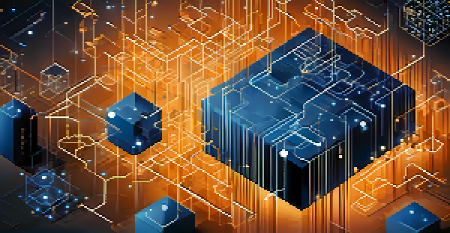 An abstract visualization of serverless computing showing interconnected microservices as floating shapes in a digital background.