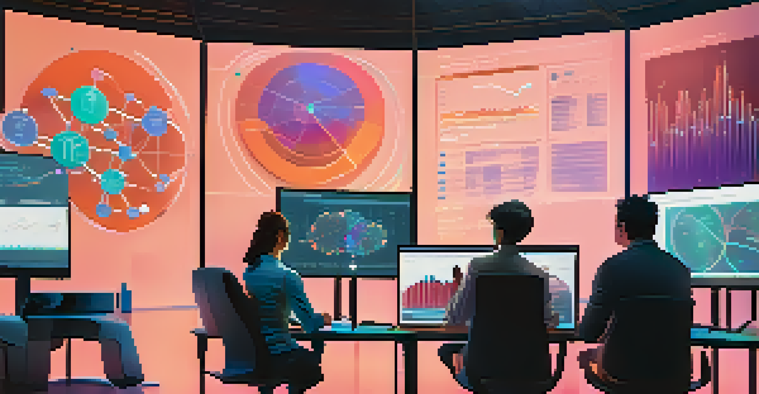 A diverse team of data scientists analyzing predictive models in a dimly lit room with vibrant data visualizations on screens.