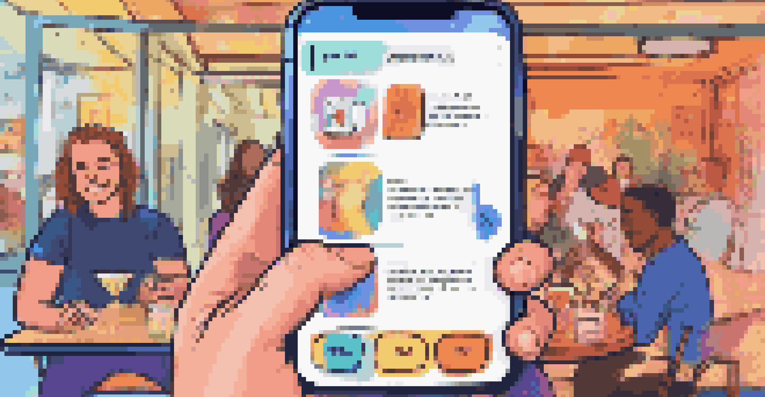 A smartphone displaying a colorful quiz chatbot interaction in a lively cafe, with friends in the background.