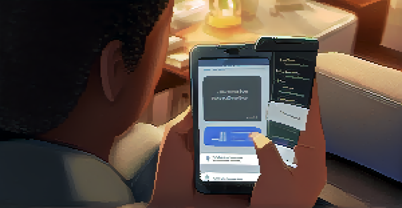 A user sitting on a couch, testing a mobile app on their phone, with a focused expression and a notepad with feedback notes beside them in a cozy room.