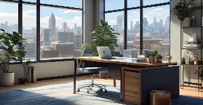 A modern office workspace with a desk, laptop, potted plant, and coffee cup, illuminated by natural light from large windows.