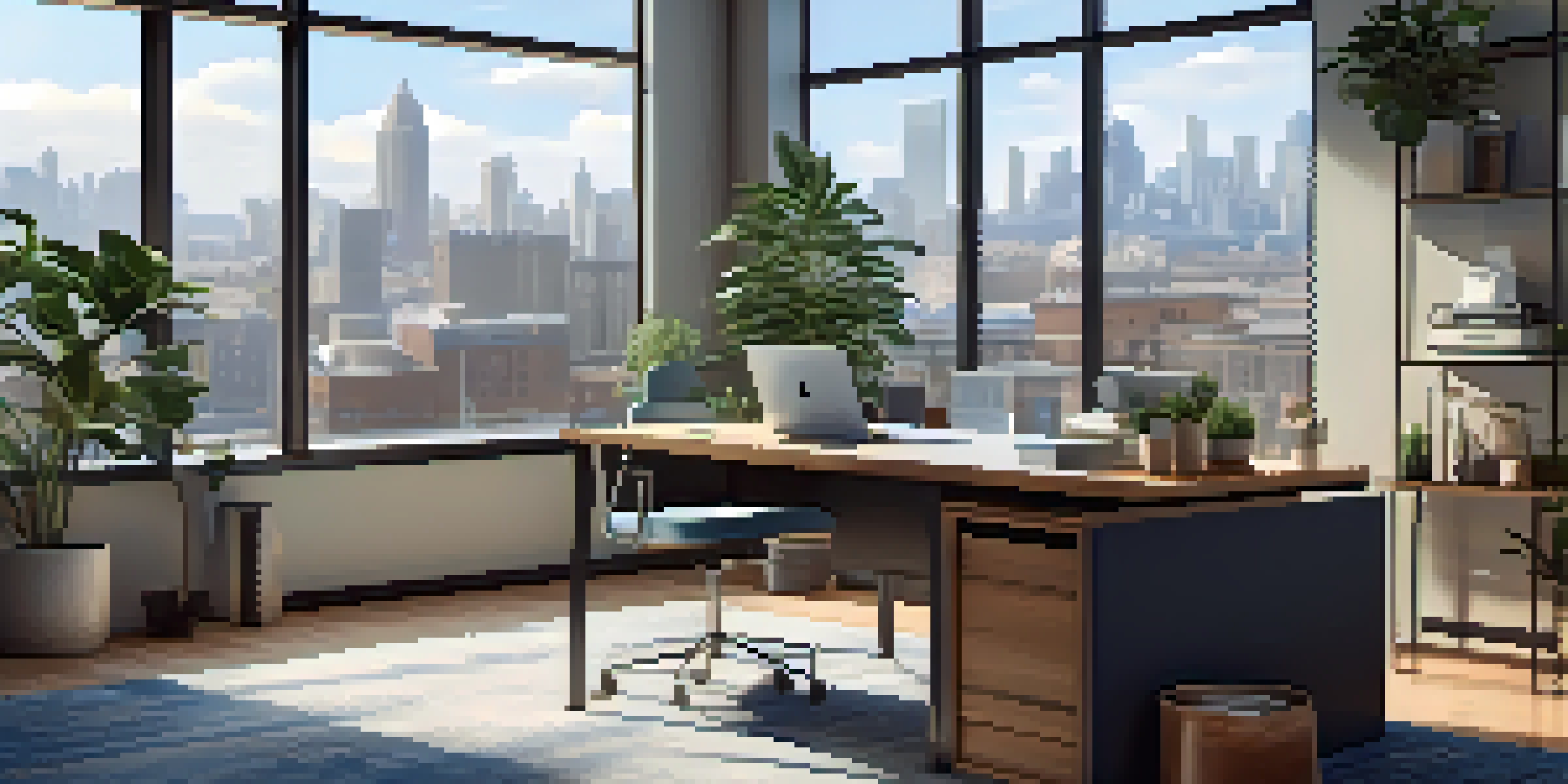 A modern office workspace with a desk, laptop, potted plant, and coffee cup, illuminated by natural light from large windows.