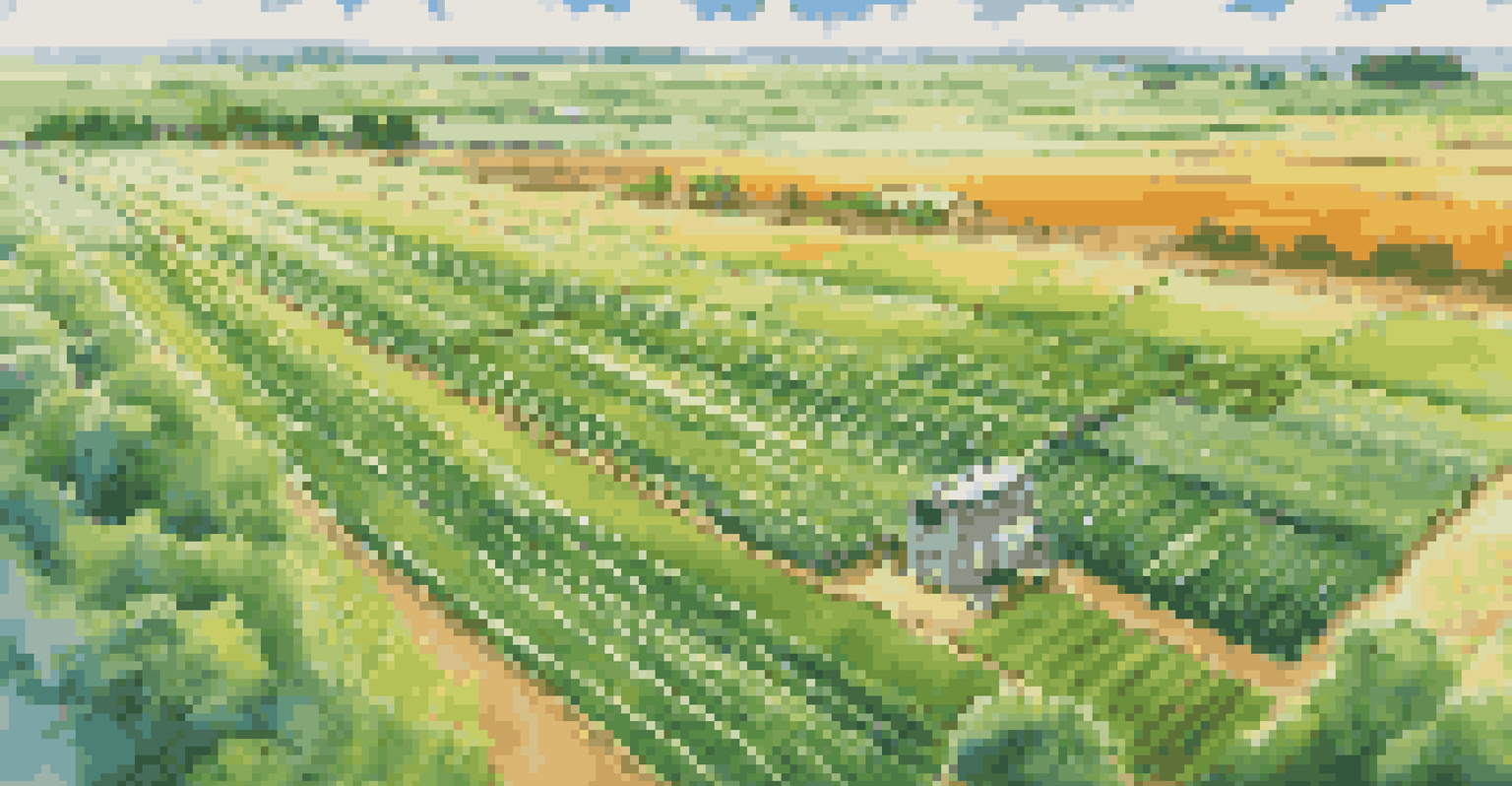 Aerial view of a green agricultural field with a farmer using a tablet, showcasing modern farming practices.