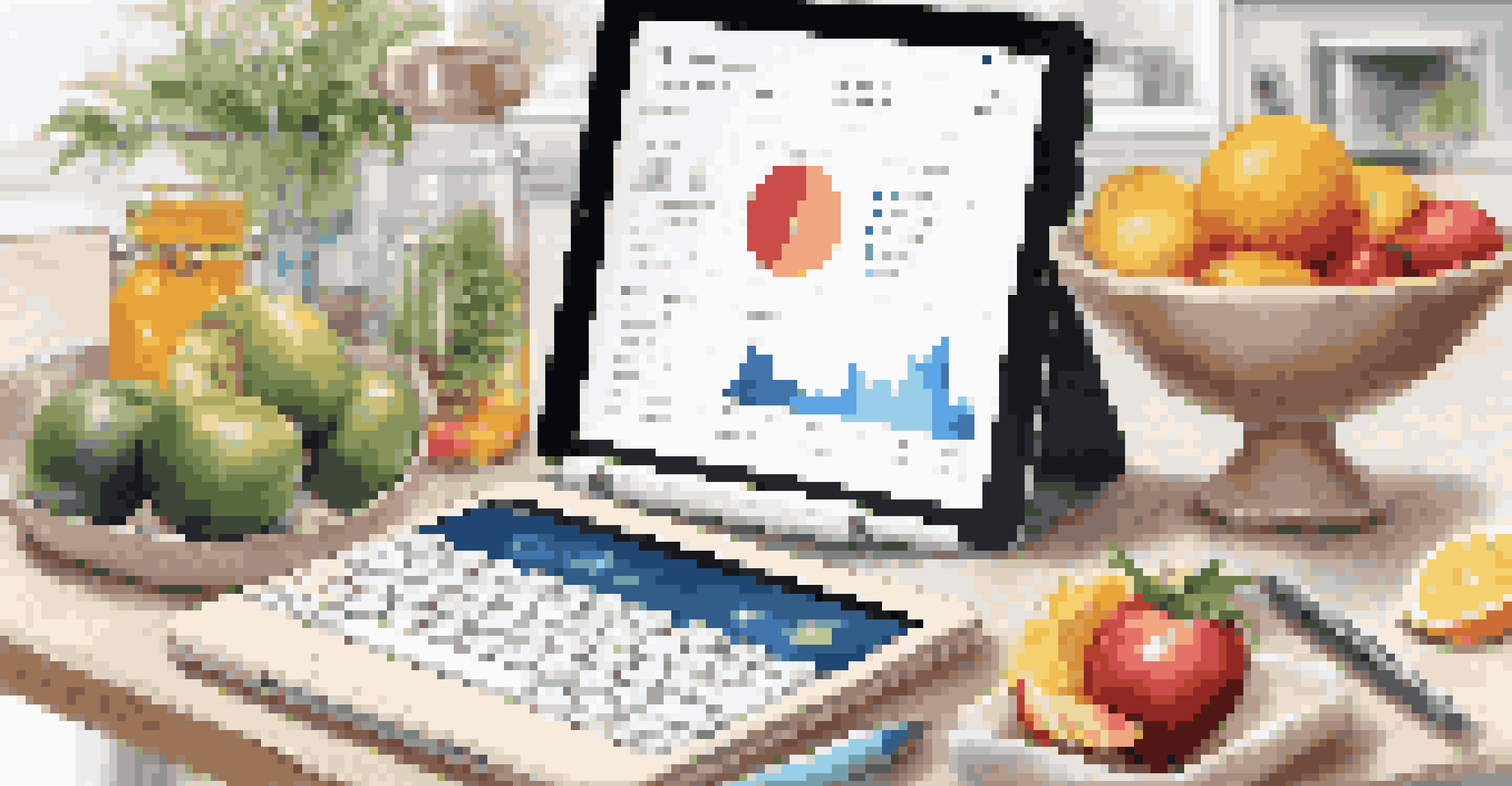 A tablet displaying a digital health assistant with health metrics, surrounded by wellness items like a water bottle and fresh fruits in a bright kitchen.