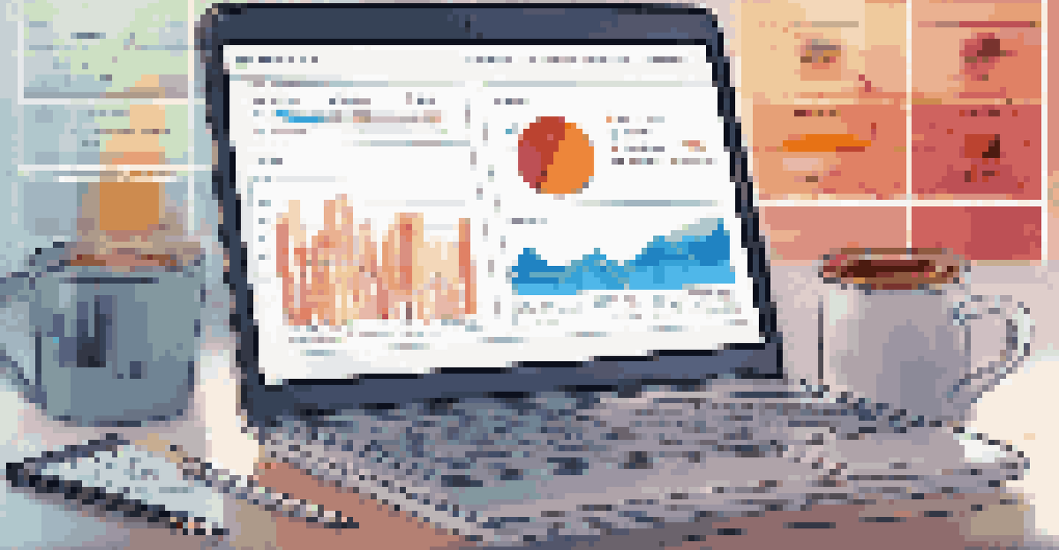 A close-up of a laptop screen featuring colorful analytics graphs and metrics in a cozy workspace.