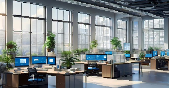 A modern office workspace with computer screens showing microservices architecture diagrams, bright lighting, and potted plants.