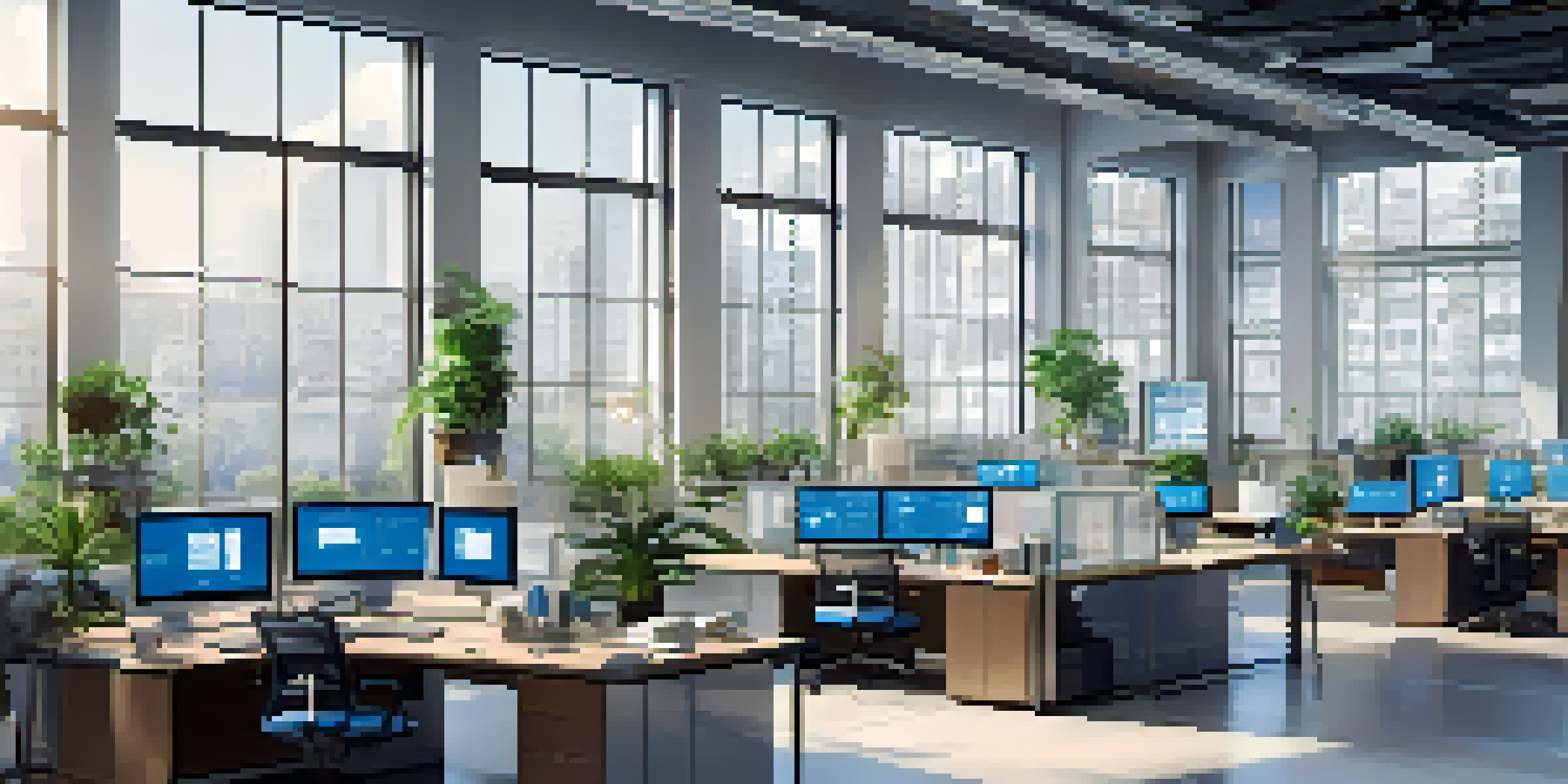 A modern office workspace with computer screens showing microservices architecture diagrams, bright lighting, and potted plants.