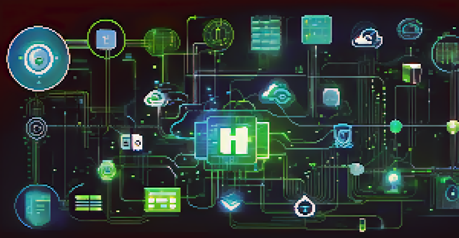 An abstract digital network illustrating interconnected IoT devices and data streams in blue and green colors.