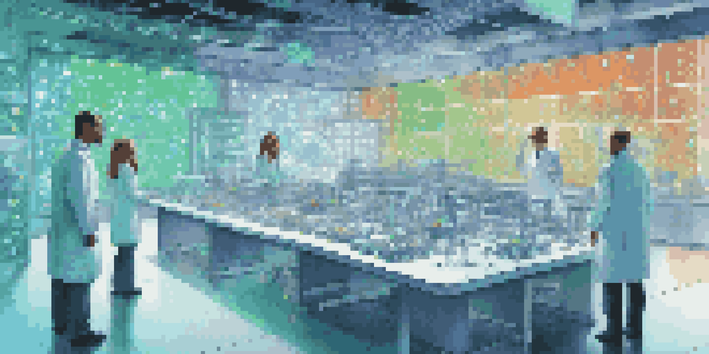 A futuristic laboratory with advanced quantum computers and glowing orbs representing qubits, illuminated by blue and green lights. Scientists are discussing around holographic data projections.