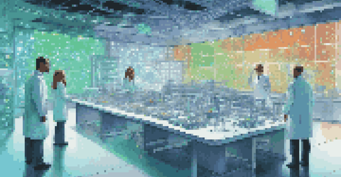 A futuristic laboratory with advanced quantum computers and glowing orbs representing qubits, illuminated by blue and green lights. Scientists are discussing around holographic data projections.