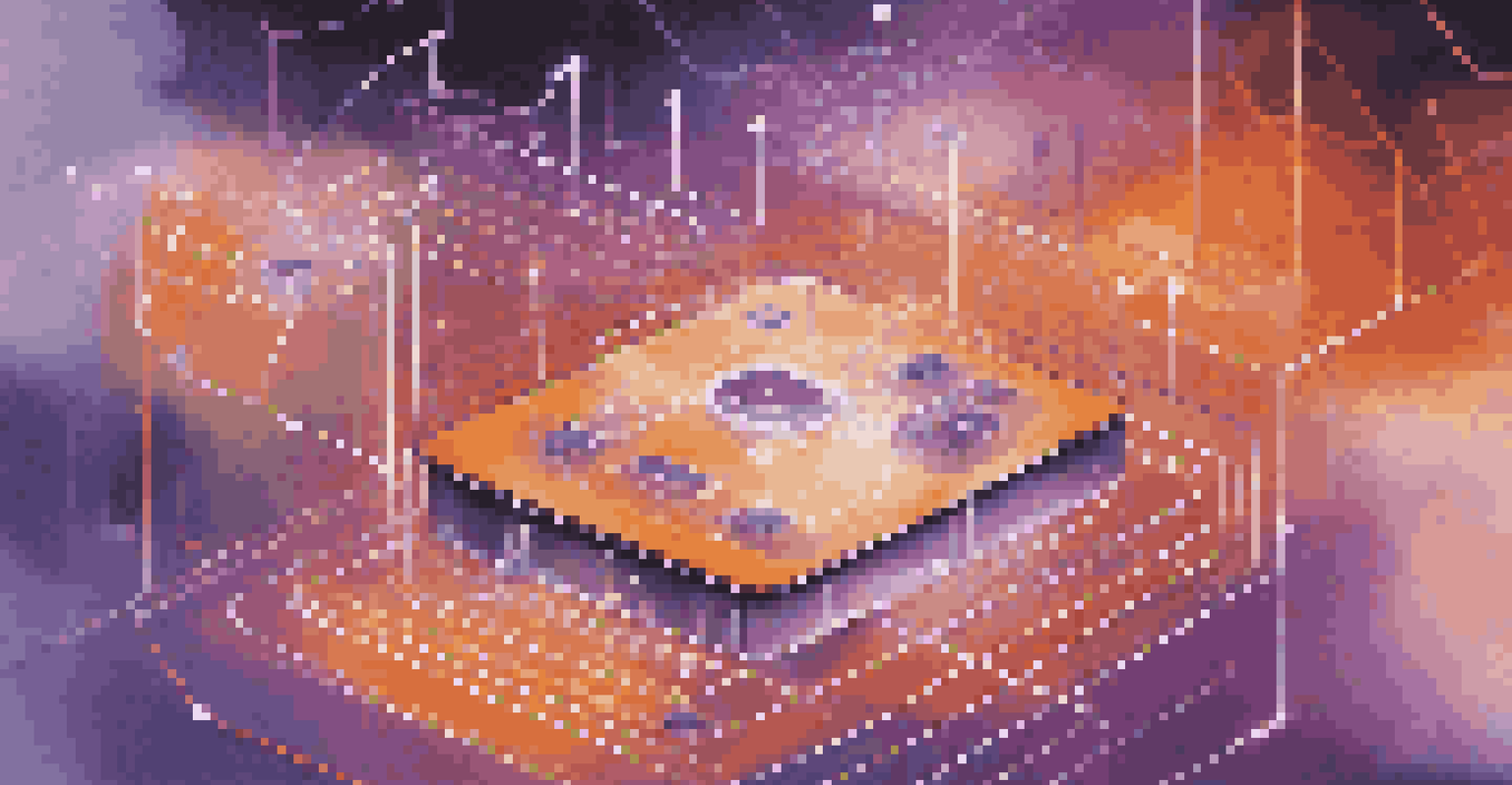 An abstract illustration showing data flowing between IoT devices and a cloud server, with glowing lines and vibrant colors.
