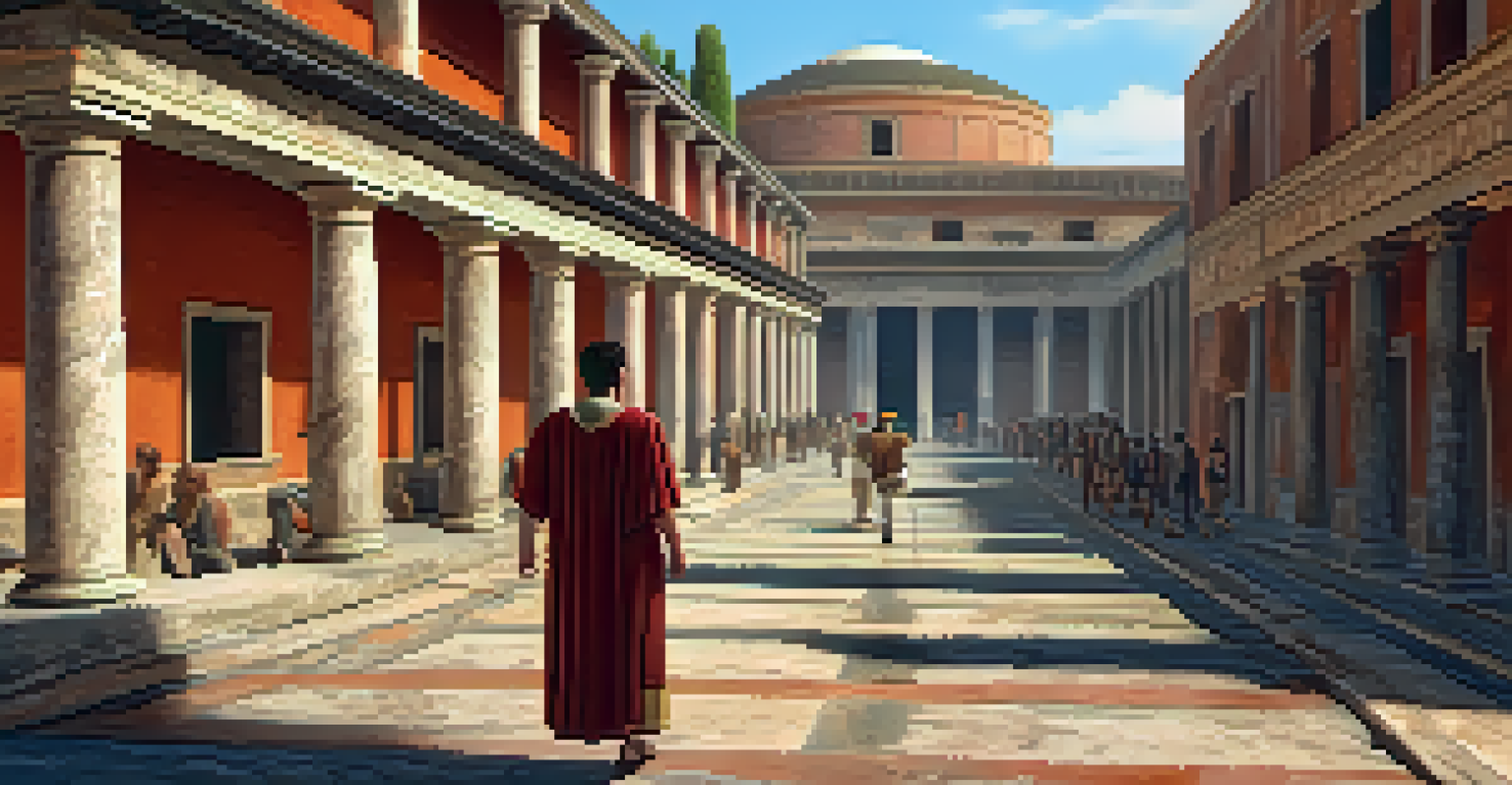 A student exploring a digitally recreated street of ancient Pompeii, surrounded by historical buildings and people in ancient attire.