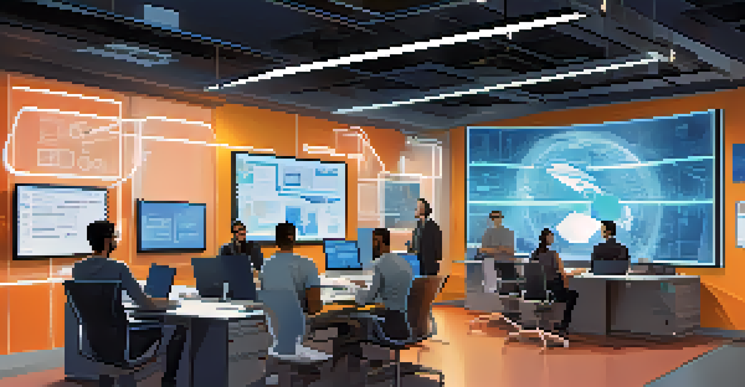 A diverse team of professionals in a high-tech office brainstorming about privacy integration in software development, surrounded by gadgets and screens.