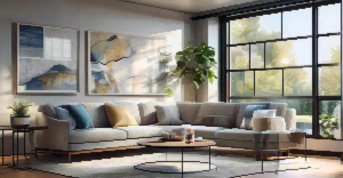 Interior of a living room with a tablet displaying a smart home security system, bright and inviting decor.