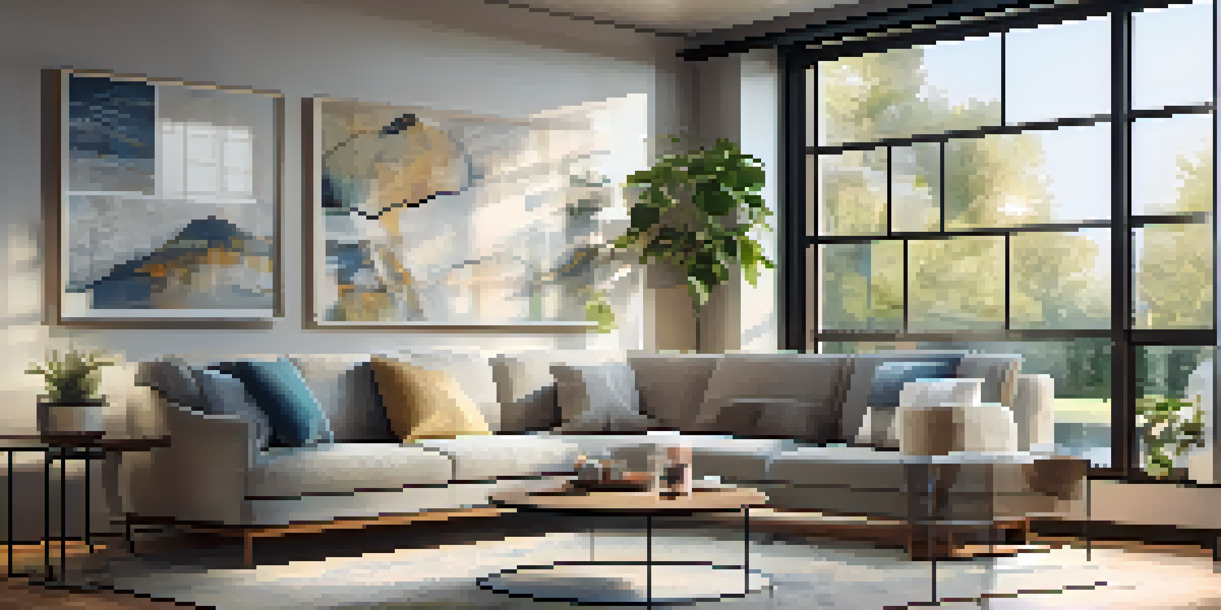 Interior of a living room with a tablet displaying a smart home security system, bright and inviting decor.