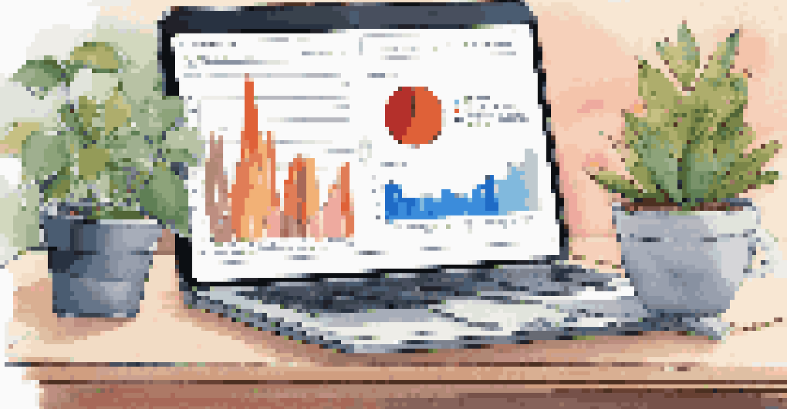 A close-up of a laptop showing colorful data visualizations in a cozy workspace.