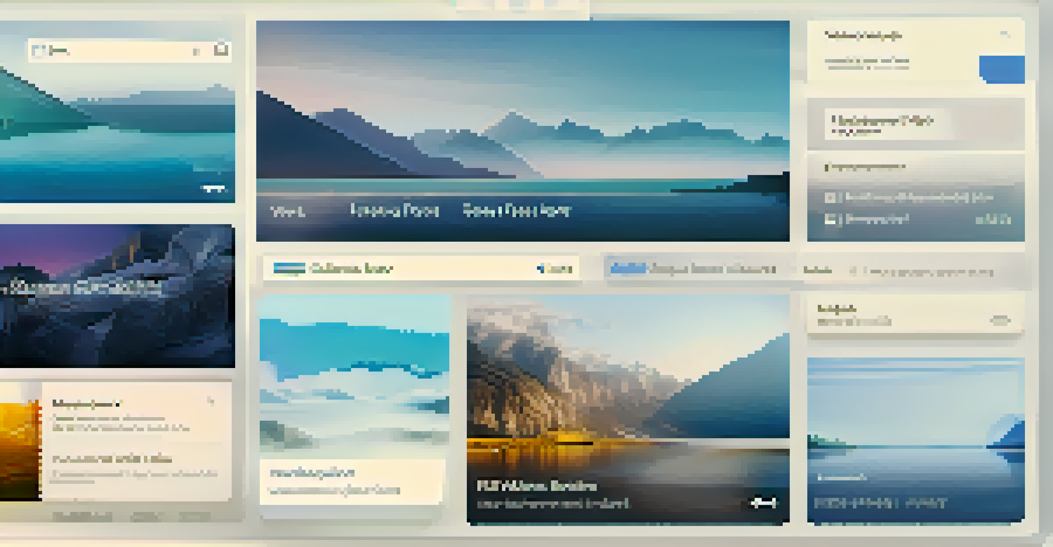 A visually organized digital asset library with icons for images, videos, and documents on a blue and white gradient background.