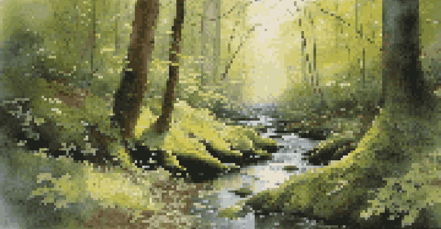 A peaceful forest with sunlight filtering through the trees, casting shadows on the moss-covered ground and a gentle stream surrounded by blooming wildflowers.