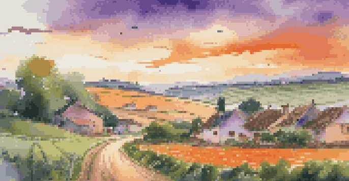 A rural village at sunset with a farmer using a smartphone to monitor crops in lush green fields.