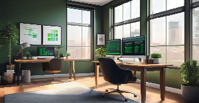 A modern office workspace with a computer setup and test automation graphs, organized desk items, and natural light coming through a window.