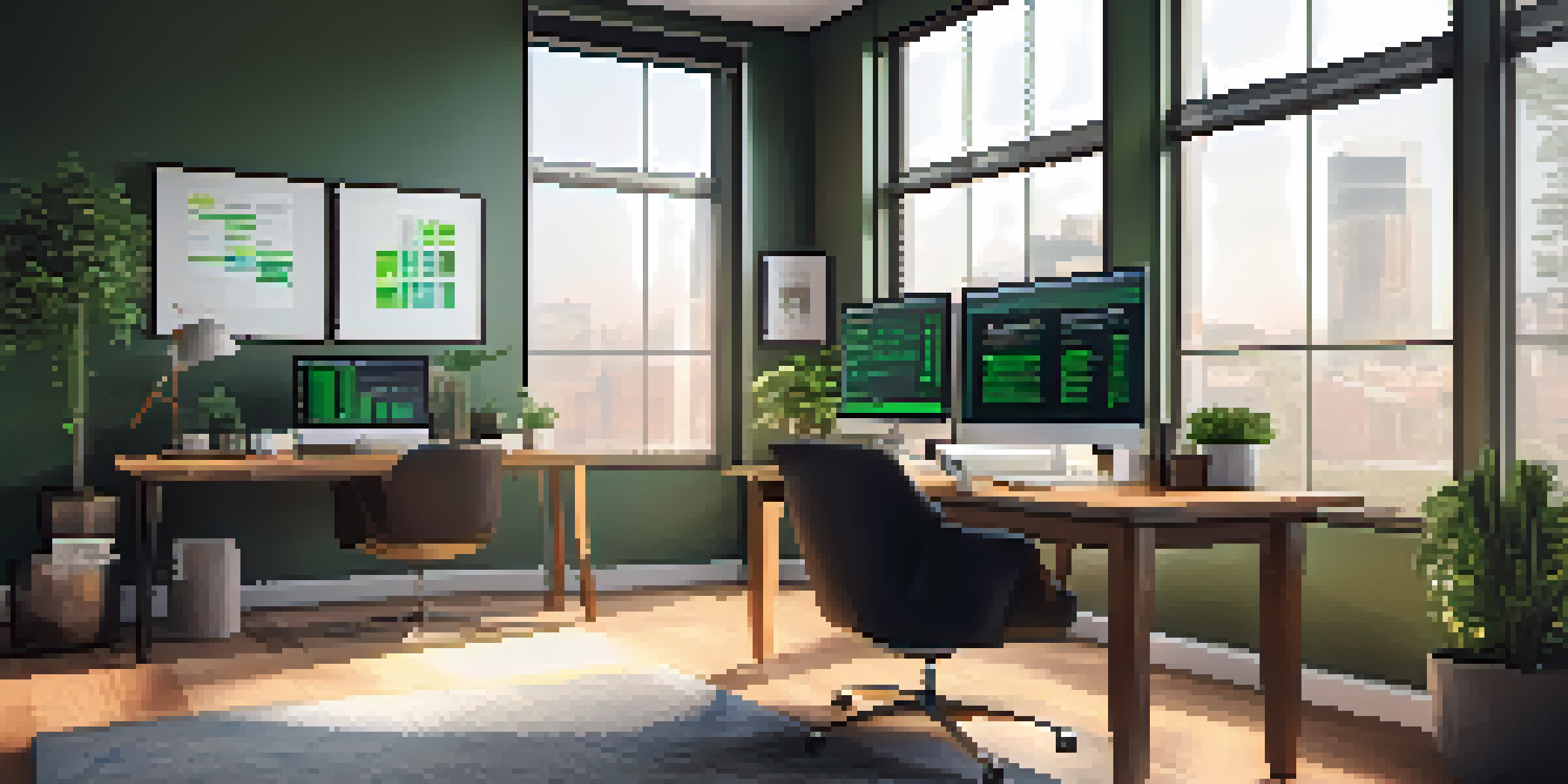 A modern office workspace with a computer setup and test automation graphs, organized desk items, and natural light coming through a window.