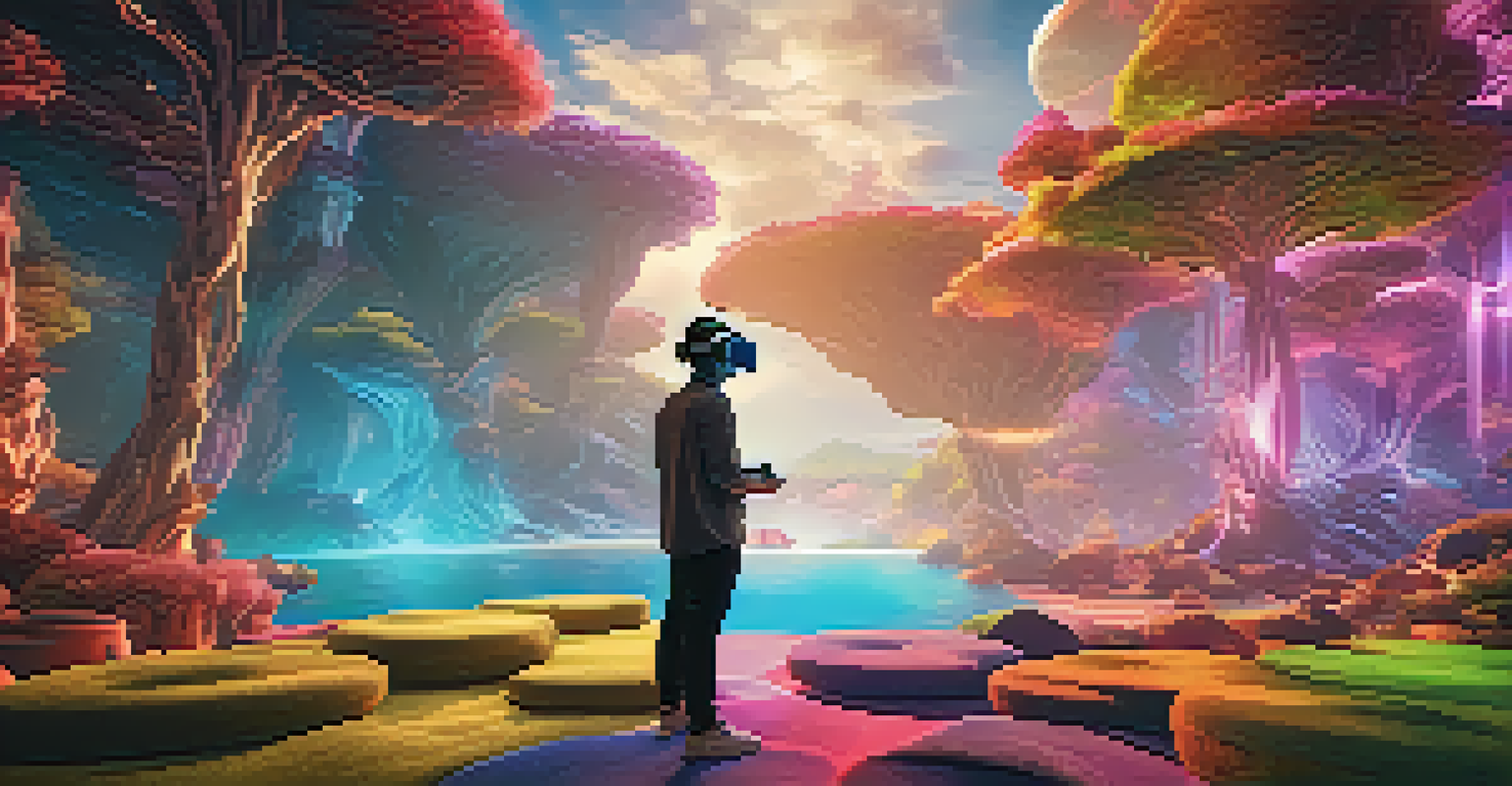 A user immersed in virtual reality with a headset on, surrounded by a colorful 3D landscape of floating islands.