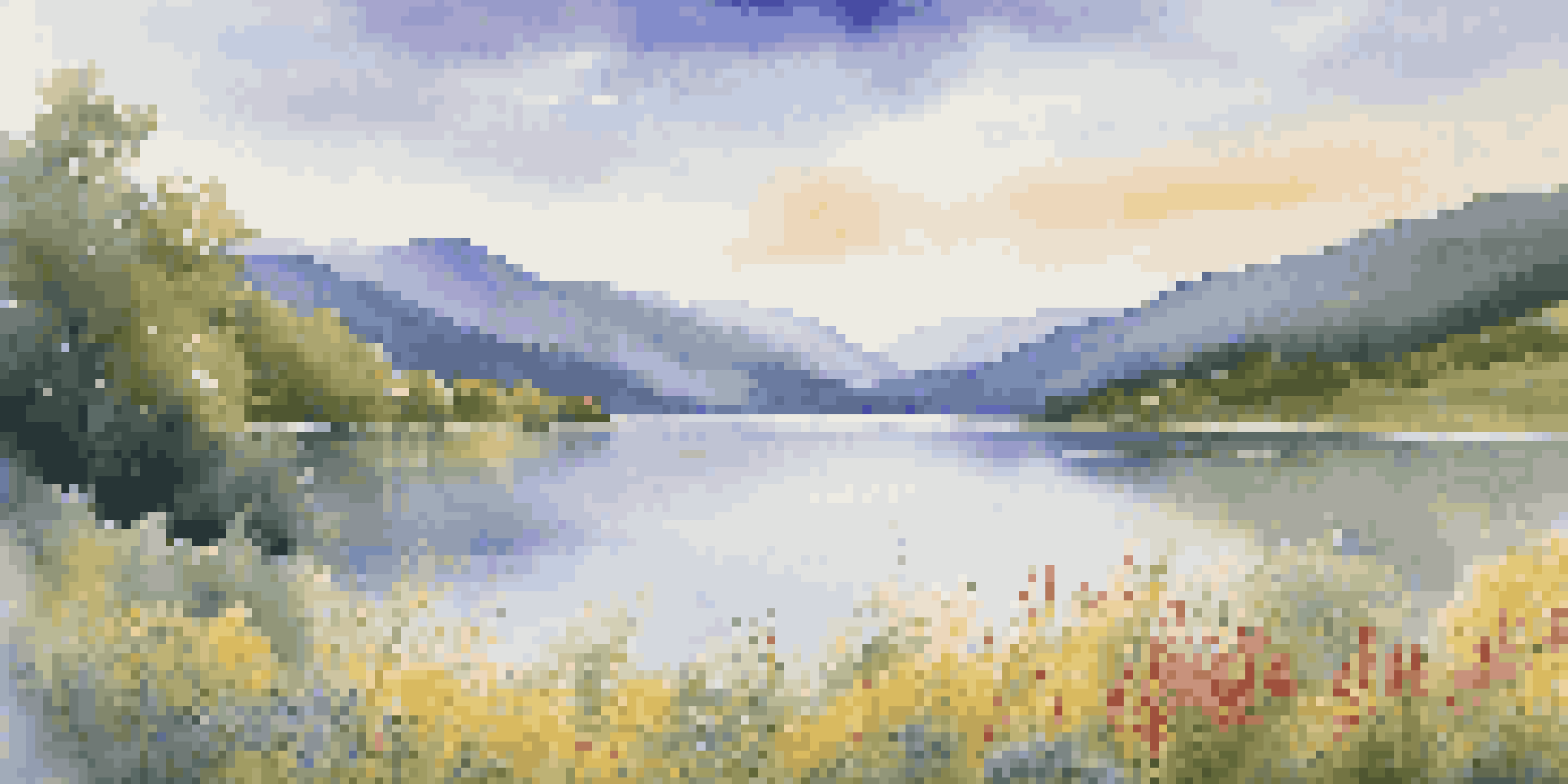 A peaceful lake surrounded by green mountains and colorful wildflowers, with sunlight reflecting off the water.