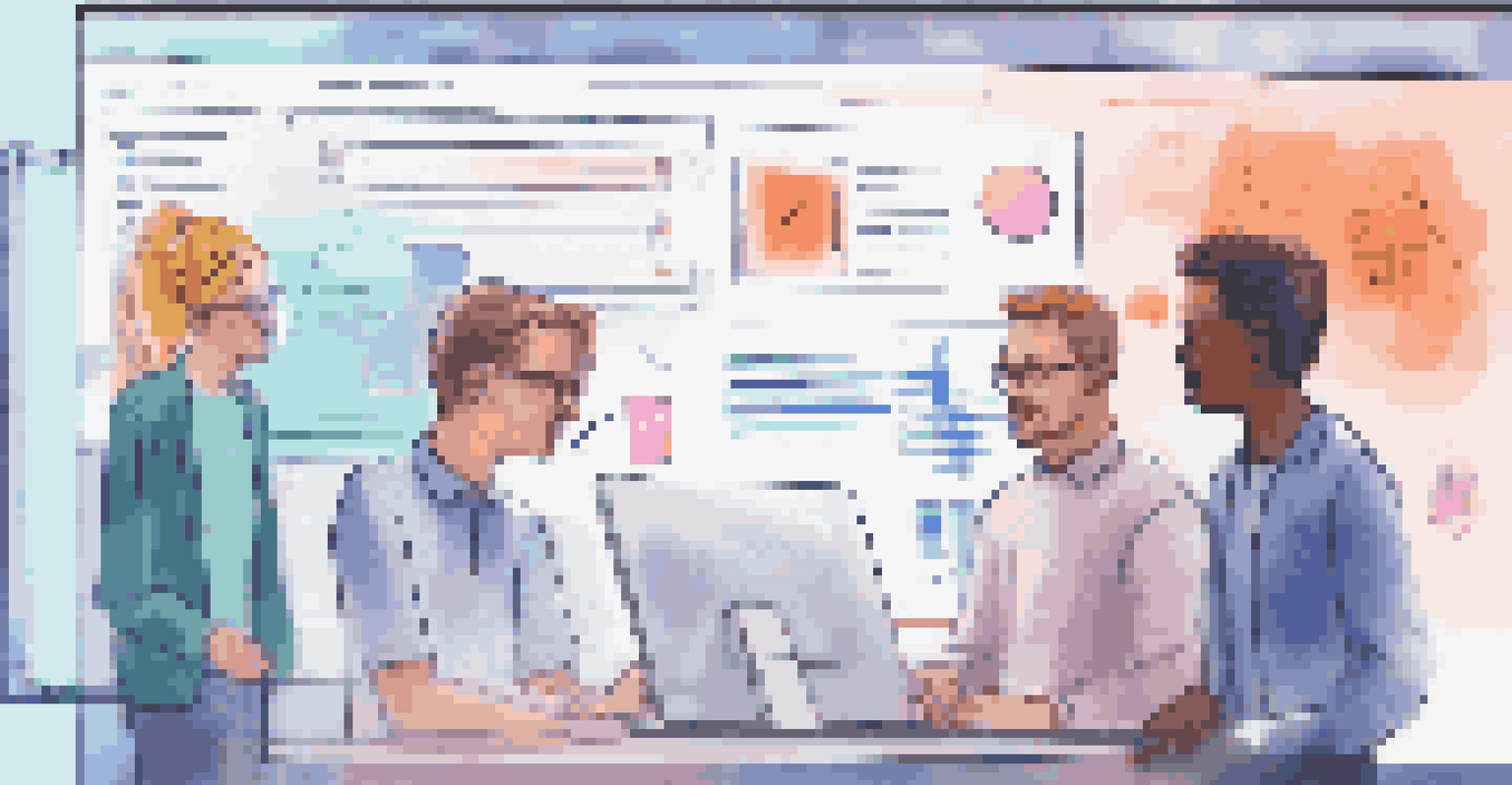 A close-up view of a low-code platform interface with drag-and-drop features, set against a blurred background of a collaborative team.